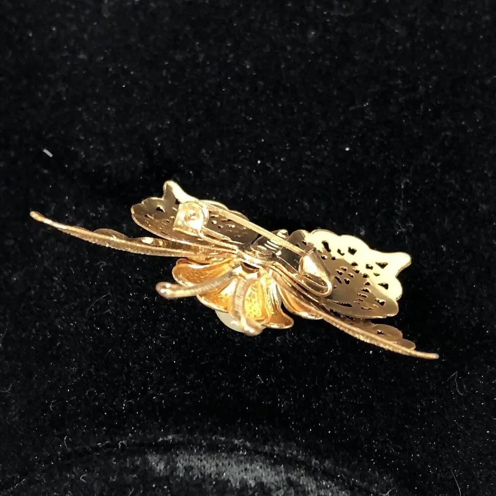 Butterfly Gold Tone Brooch Pin Filigree Style Faux Pearl Flower Unsigned Vintage